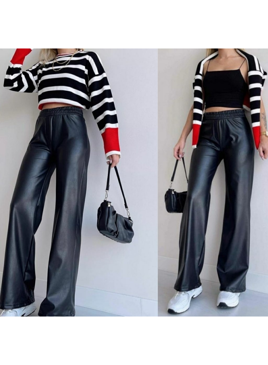 Kadın Yüksek Bel Beli Lastikli Geniş Paçalı Deri Pantolon