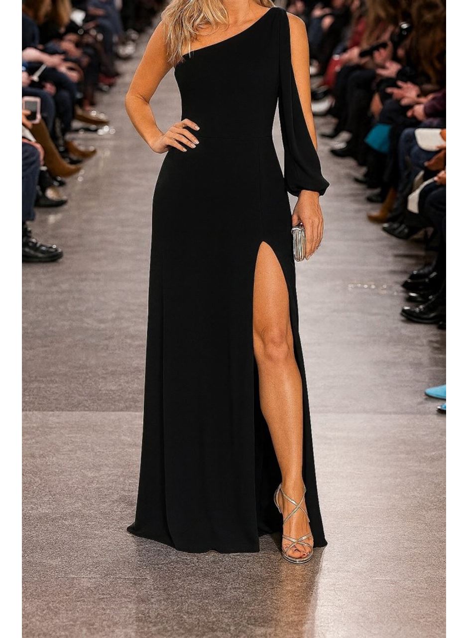Tek Omuz Açık Derin Yırtmaçlı Krep Tam Boy Elbise