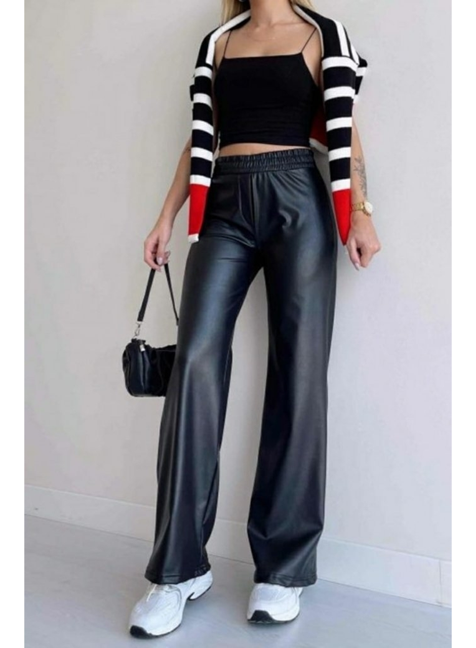 Kadın Yüksek Bel Beli Lastikli Geniş Paçalı Deri Pantolon