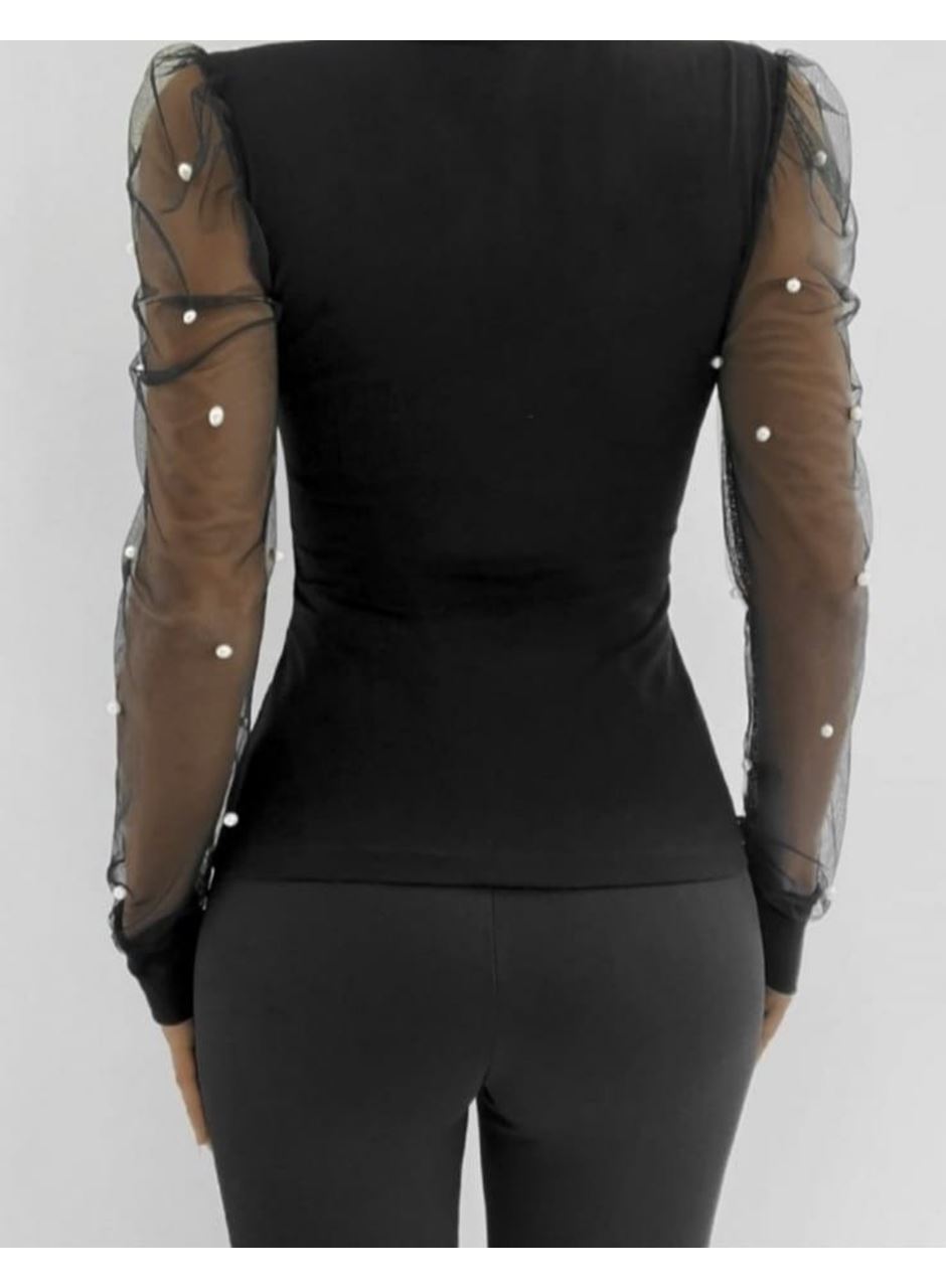 Kadın Uzun Kollu Inci Detaylı Tüllü Viskon Bluz