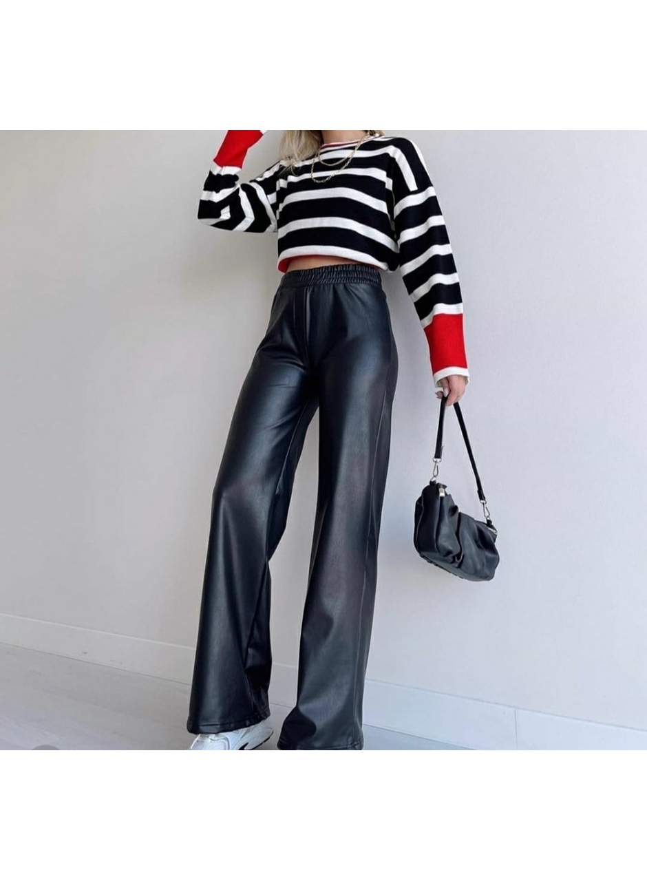 Kadın Yüksek Bel Beli Lastikli Geniş Paçalı Deri Pantolon