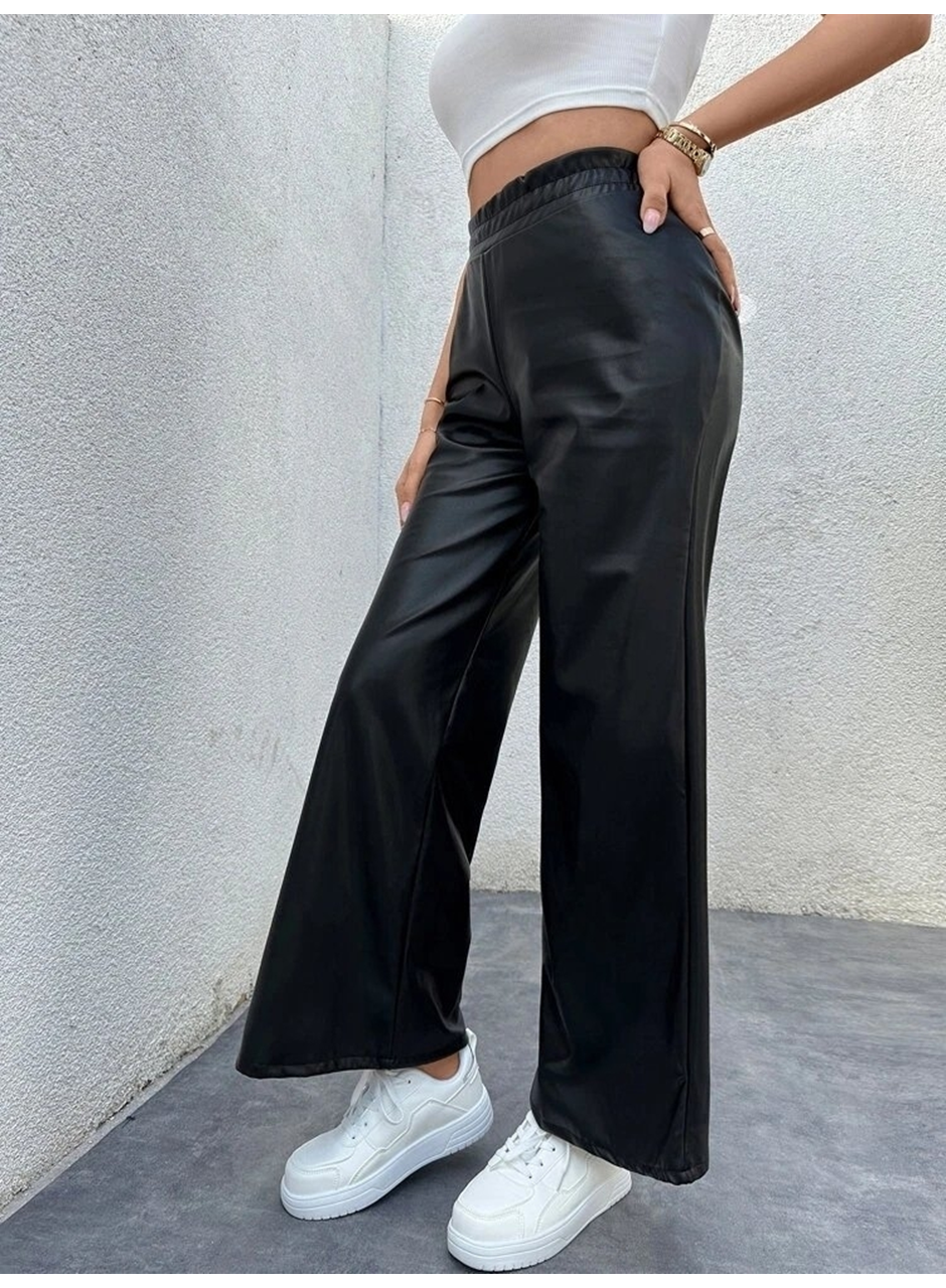 Kadın Yüksek Bel Beli Lastikli Geniş Paçalı Deri Pantolon