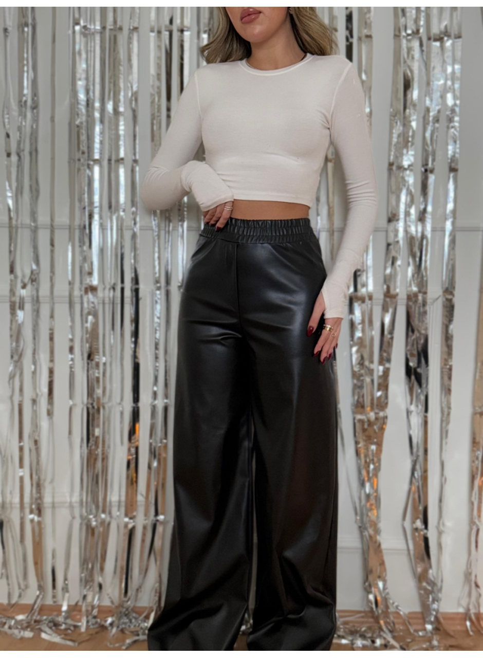 Kadın Yüksek Bel Beli Lastikli Geniş Paçalı Deri Pantolon