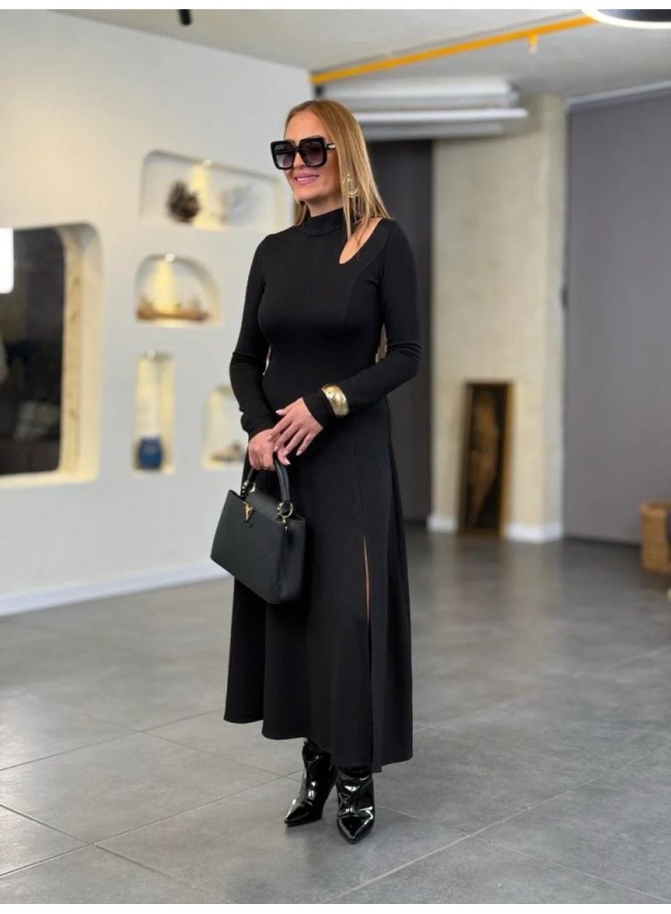 Kadın Balıkçı Yaka Damla Detaylı Yırtmaçlı Uzun Viskon Iki Iplik Maxi Elbise