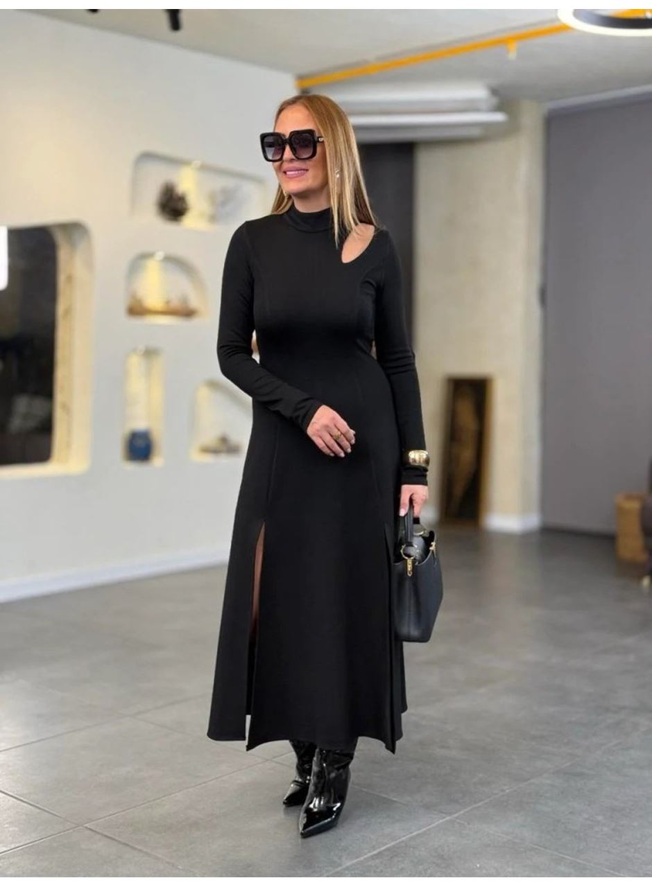 Kadın Balıkçı Yaka Damla Detaylı Yırtmaçlı Uzun Viskon Iki Iplik Maxi Elbise