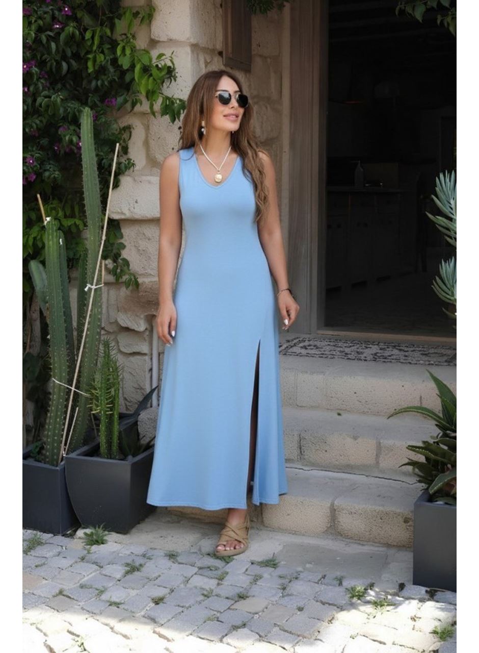 Kadın Askılı V Yakalı Yırtmaçlı Uzun Viskon Elbise