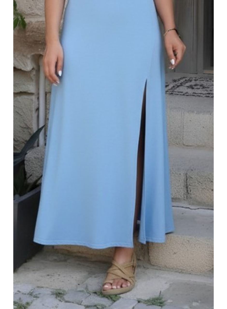 Kadın Askılı V Yakalı Yırtmaçlı Uzun Viskon Elbise