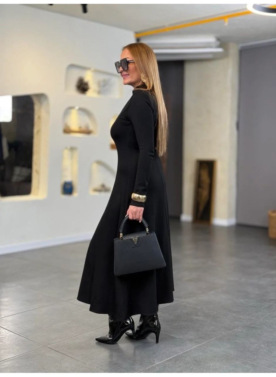 Kadın Balıkçı Yaka Damla Detaylı Yırtmaçlı Uzun Viskon Iki Iplik Maxi Elbise