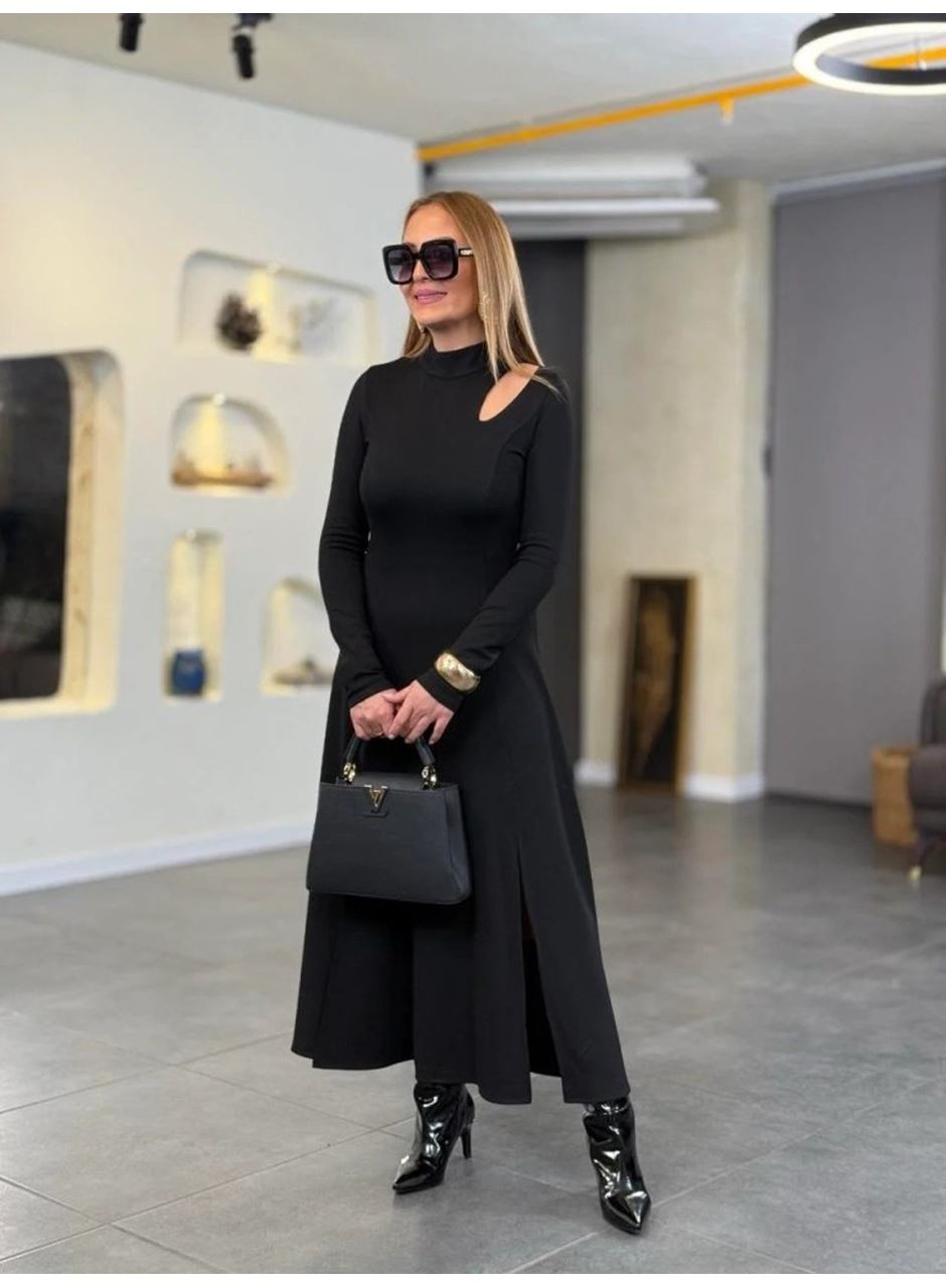 Kadın Balıkçı Yaka Damla Detaylı Yırtmaçlı Uzun Viskon Iki Iplik Maxi Elbise