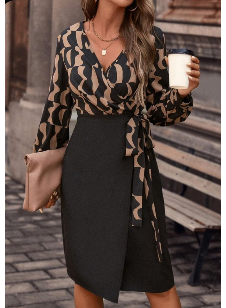 Kadın Uzun Kollu Kruvaze Yaka Dijital Baskılı Fiyonk Detay Atlas Kumaş Elbise