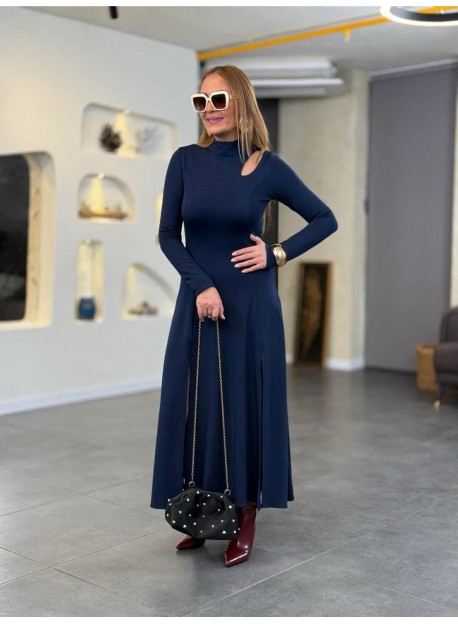 Kadın Balıkçı Yaka Damla Detaylı Yırtmaçlı Uzun Viskon Iki Iplik Maxi Elbise