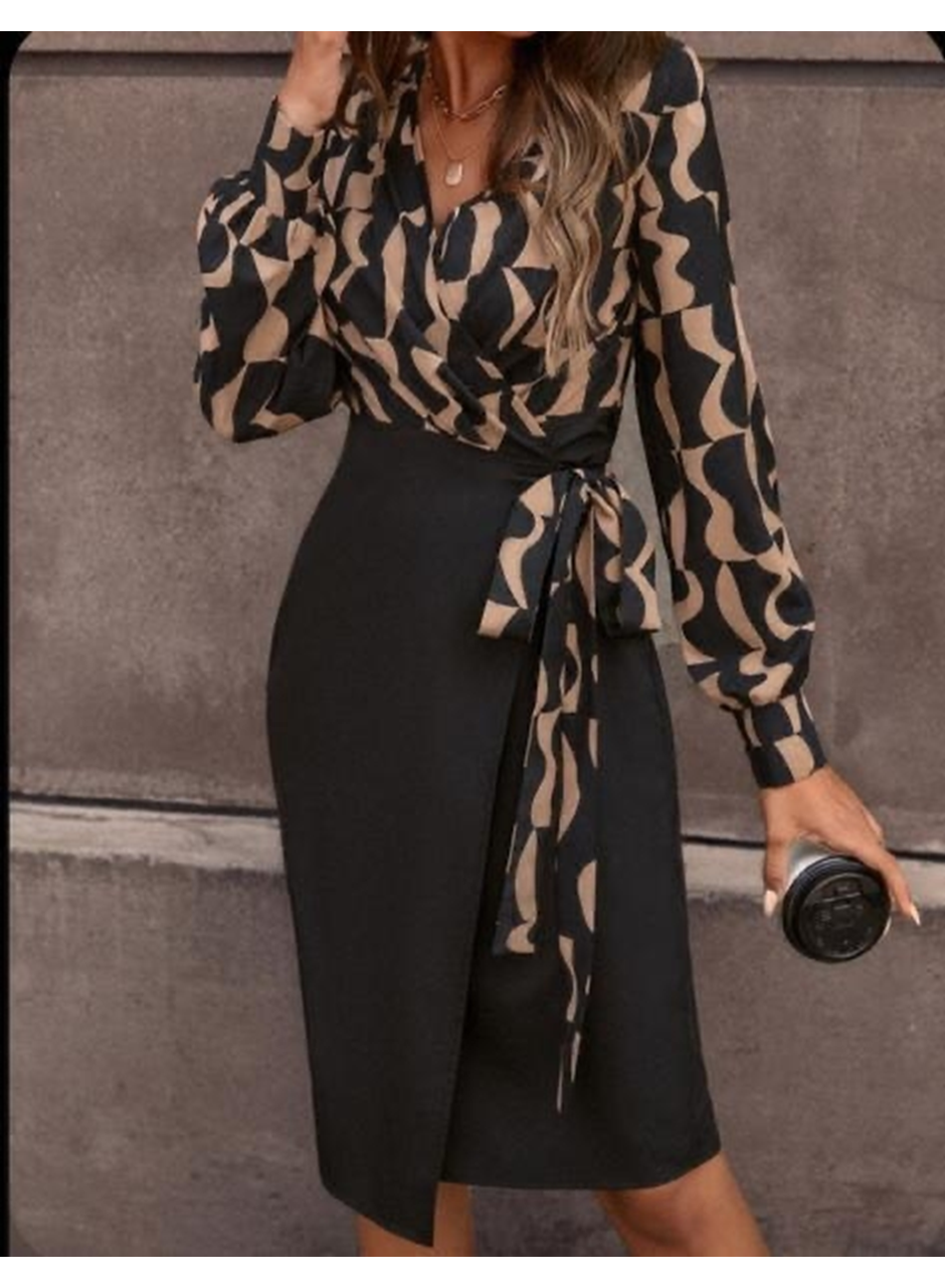 Kadın Uzun Kollu Kruvaze Yaka Dijital Baskılı Fiyonk Detay Atlas Kumaş Elbise