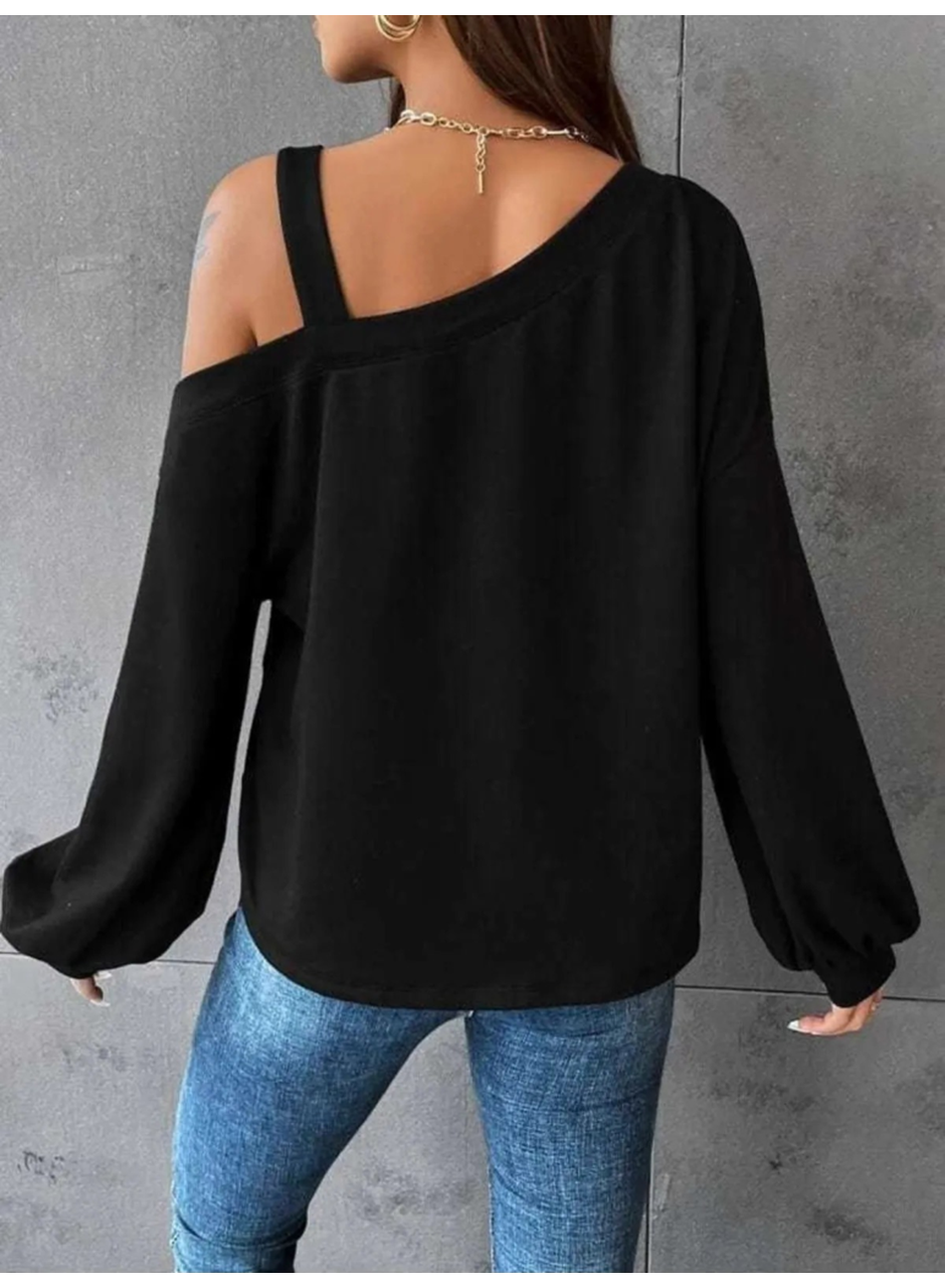Kadın Uzun Kollu Tek Omuz Askı Detay Salaş Viskon Iki Iplik Bluz