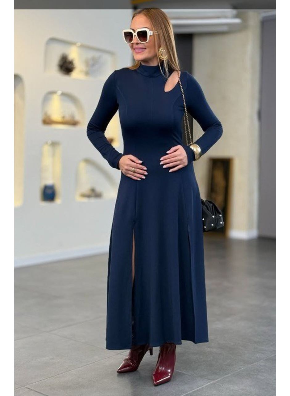 Kadın Balıkçı Yaka Damla Detaylı Yırtmaçlı Uzun Viskon Iki Iplik Maxi Elbise