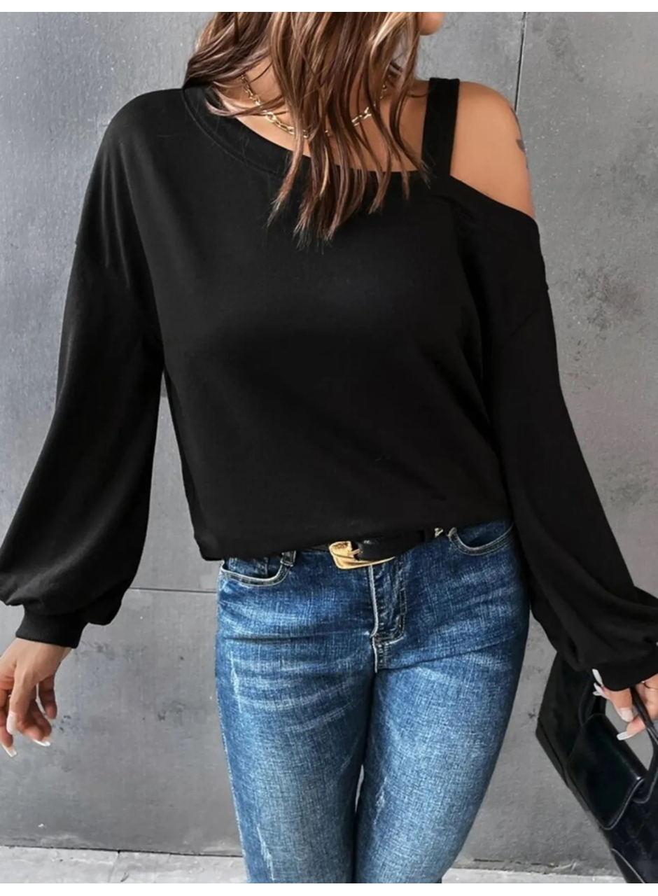 Kadın Uzun Kollu Tek Omuz Askı Detay Salaş Viskon Iki Iplik Bluz