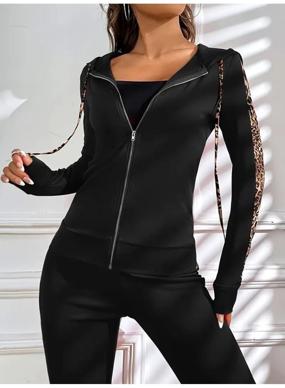 Kadın Uzun Kollu Kapşonlu Fermuarlı Bağcıklı Viskon Iki Iplik Bluz Ve Pantolon Tayt