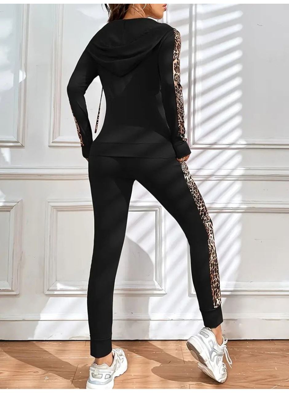 Kadın Uzun Kollu Kapşonlu Fermuarlı Bağcıklı Viskon Iki Iplik Bluz Ve Pantolon Tayt