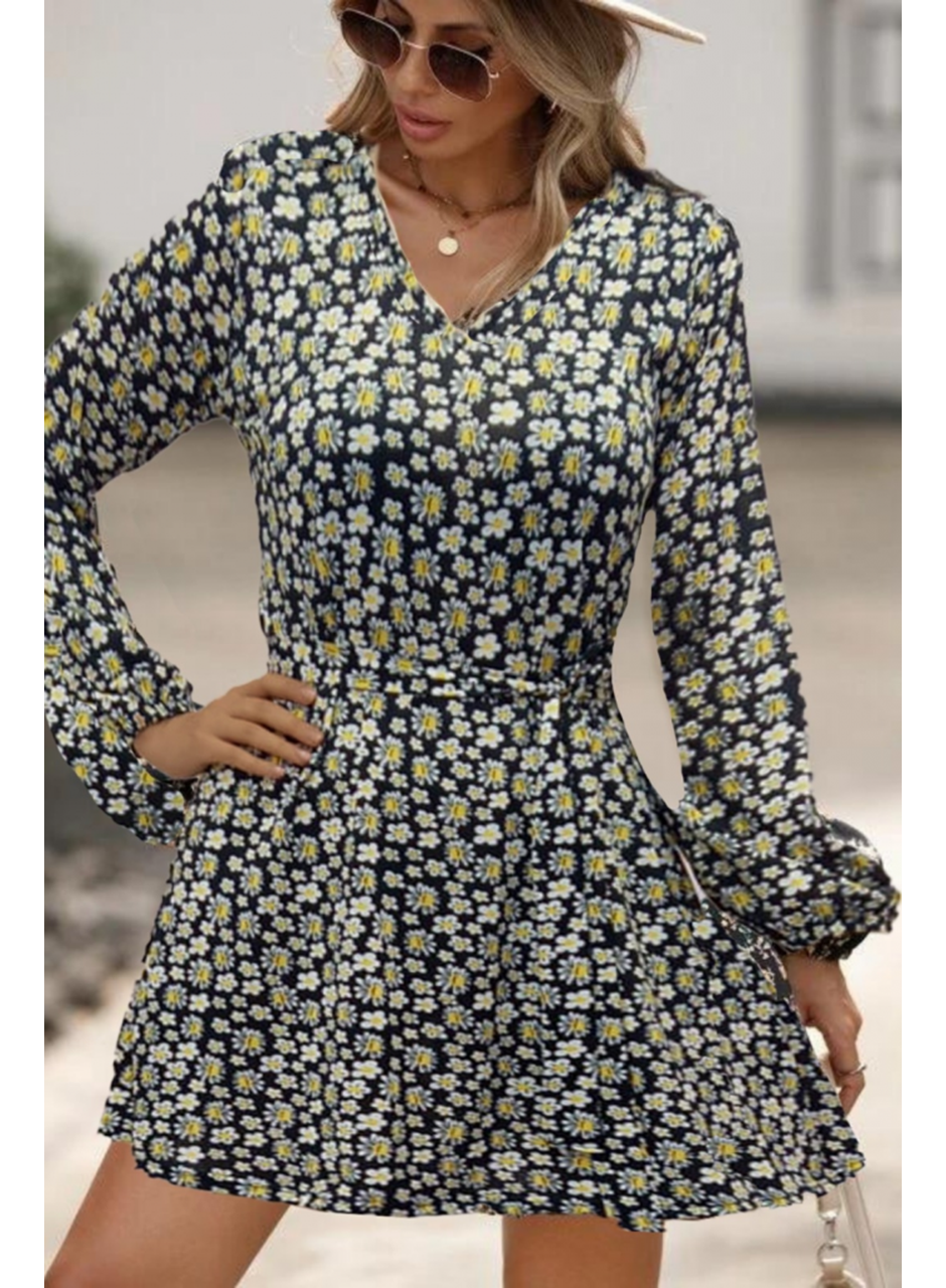 Kadın Uzun Kollu V Yaka çiçek Desenli Helen Kumaş Elbise