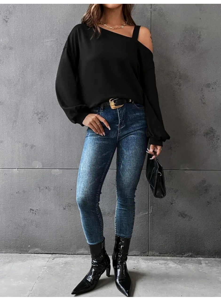 Kadın Uzun Kollu Tek Omuz Askı Detay Salaş Viskon Iki Iplik Bluz