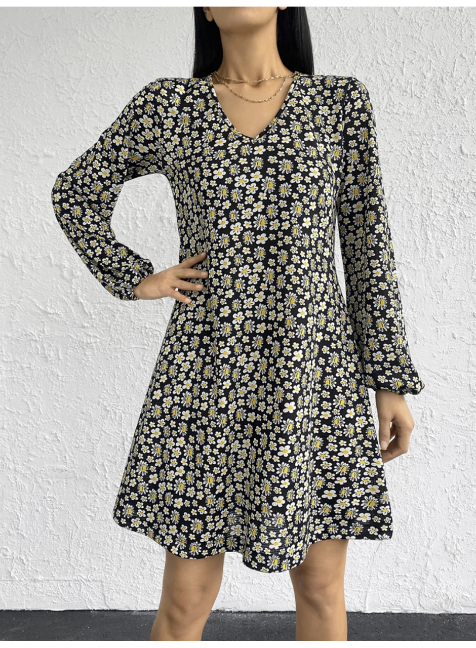 Kadın Uzun Kollu V Yaka çiçek Desenli Helen Kumaş Elbise