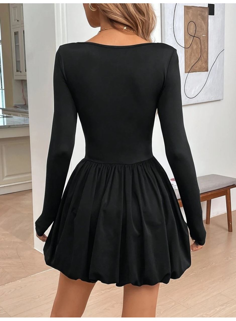 Kadın Uzun Kollu Kare Yaka Mini Balon Modal Elbise