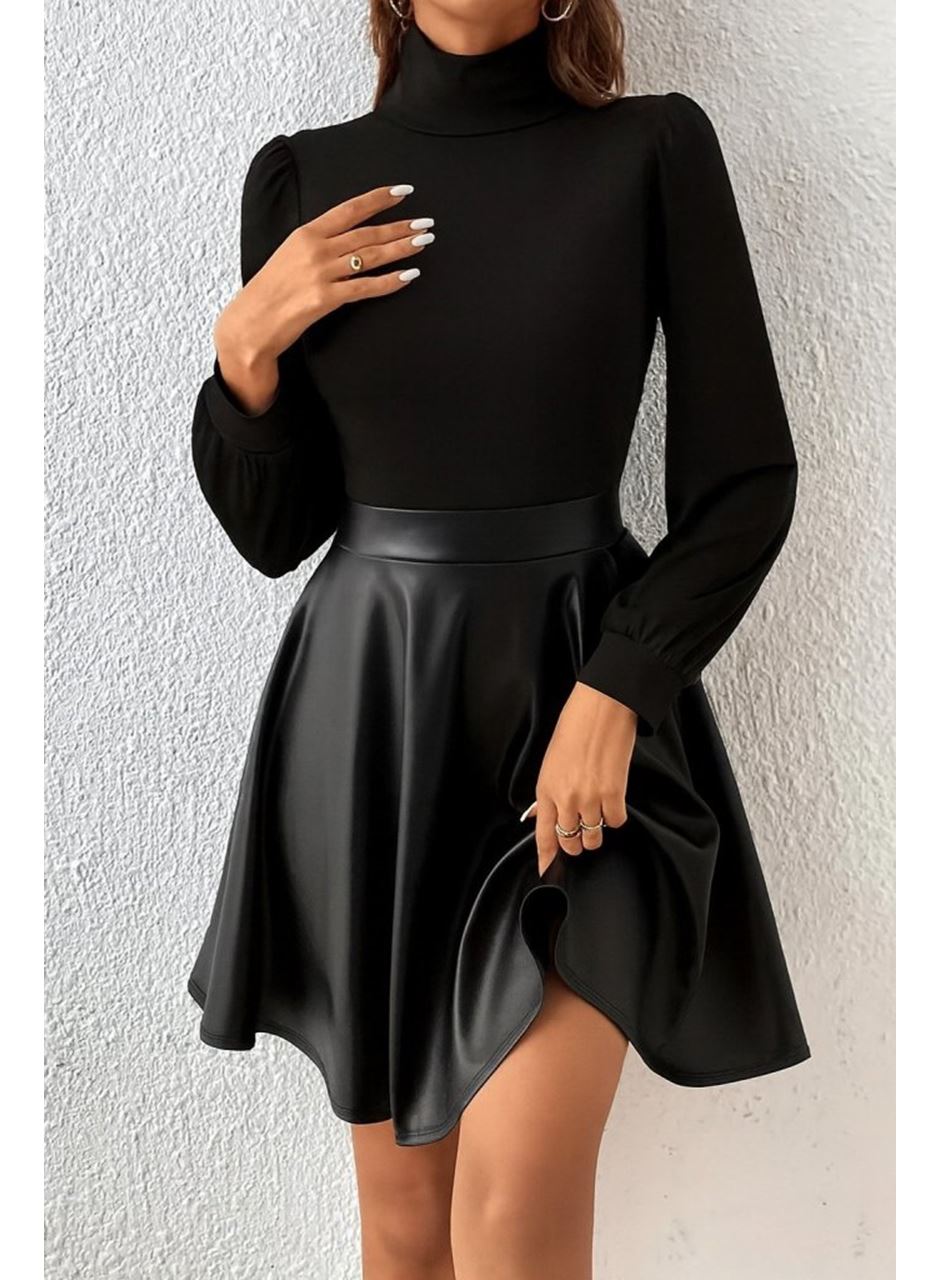Kadın Uzun Kollu Balıkçı Yaka üst Kaşkorse Alt Deri Detaylı Mini Elbise
