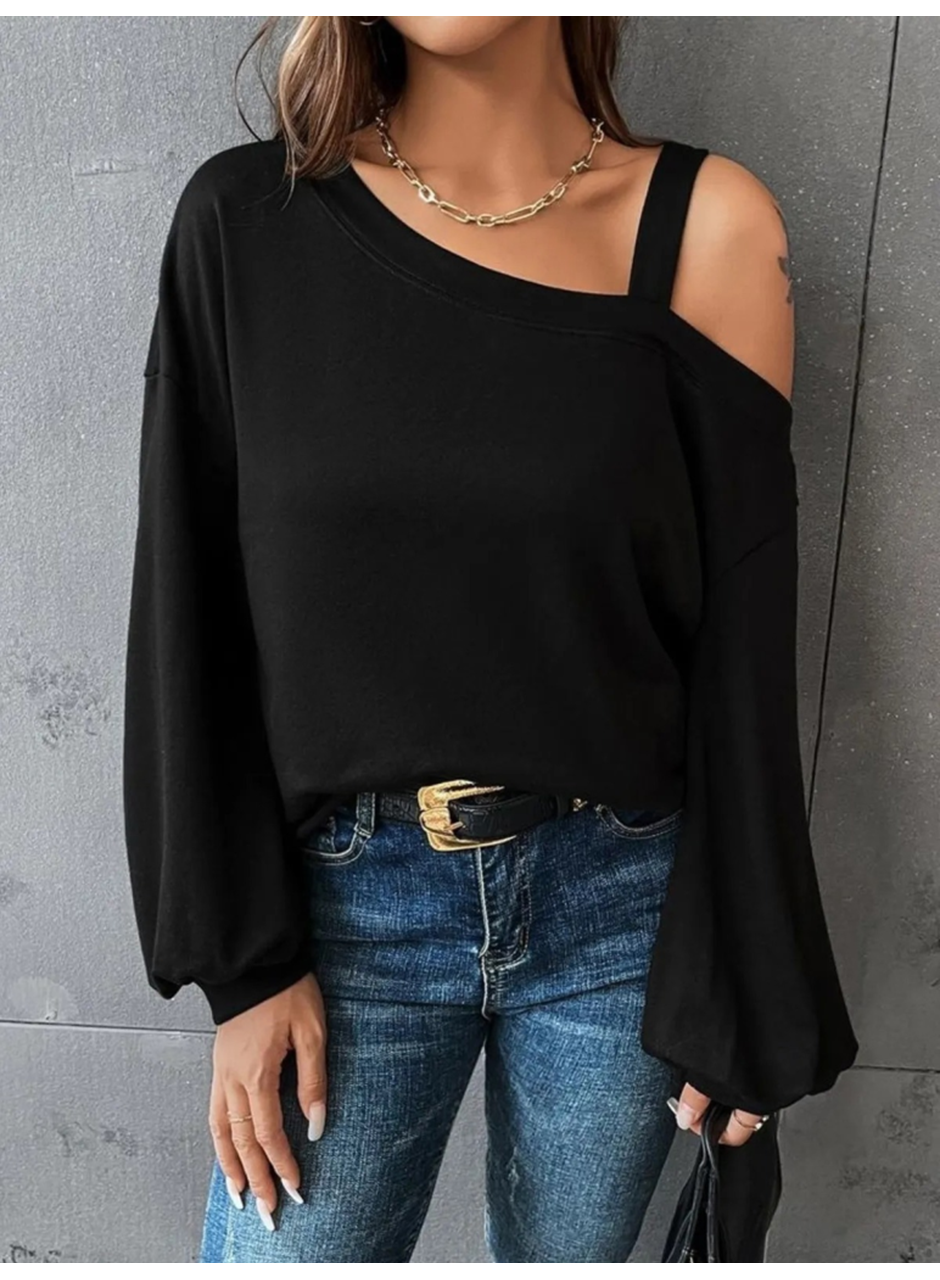 Kadın Uzun Kollu Tek Omuz Askı Detay Salaş Viskon Iki Iplik Bluz