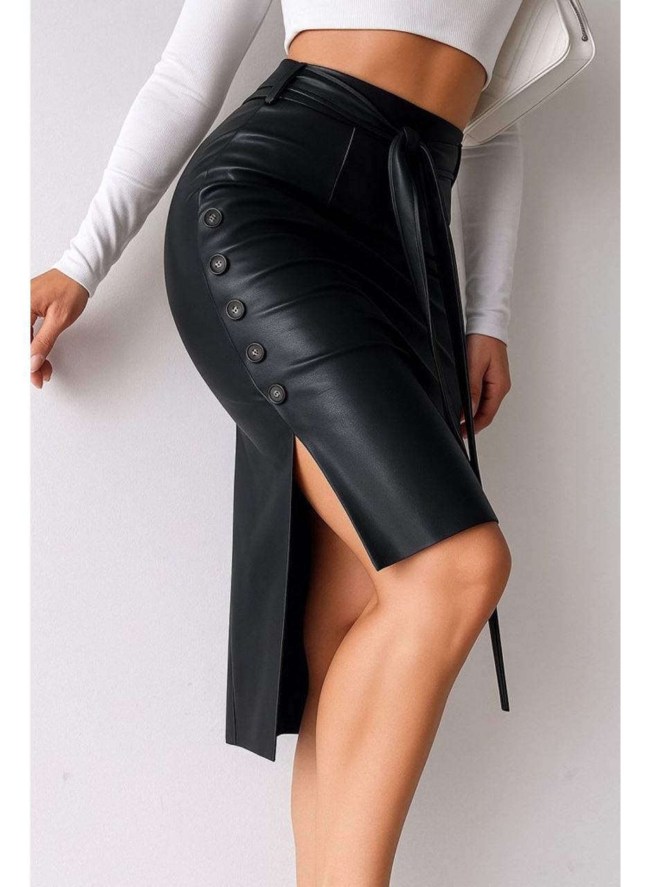 Kadın Yüksek Bel Kuşaklı Yanlardan Düğmeli Mini Deri Etek