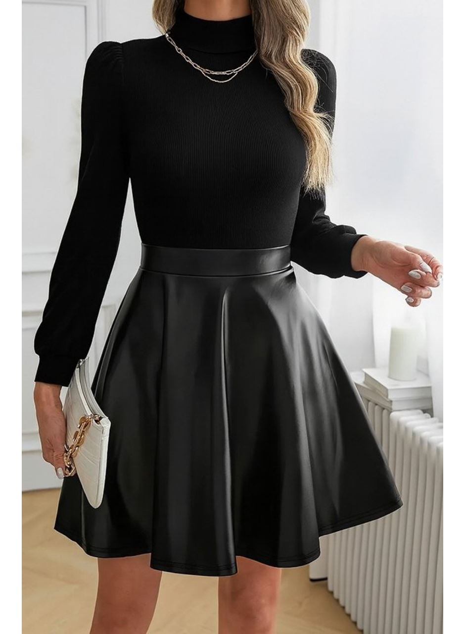 Kadın Uzun Kollu Balıkçı Yaka üst Kaşkorse Alt Deri Detaylı Mini Elbise