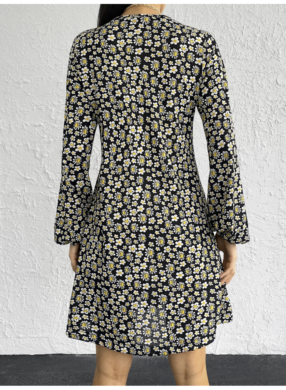Kadın Uzun Kollu V Yaka çiçek Desenli Helen Kumaş Elbise