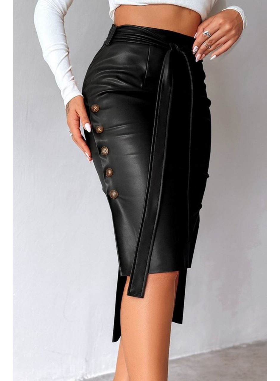 Kadın Yüksek Bel Kuşaklı Yanlardan Düğmeli Mini Deri Etek
