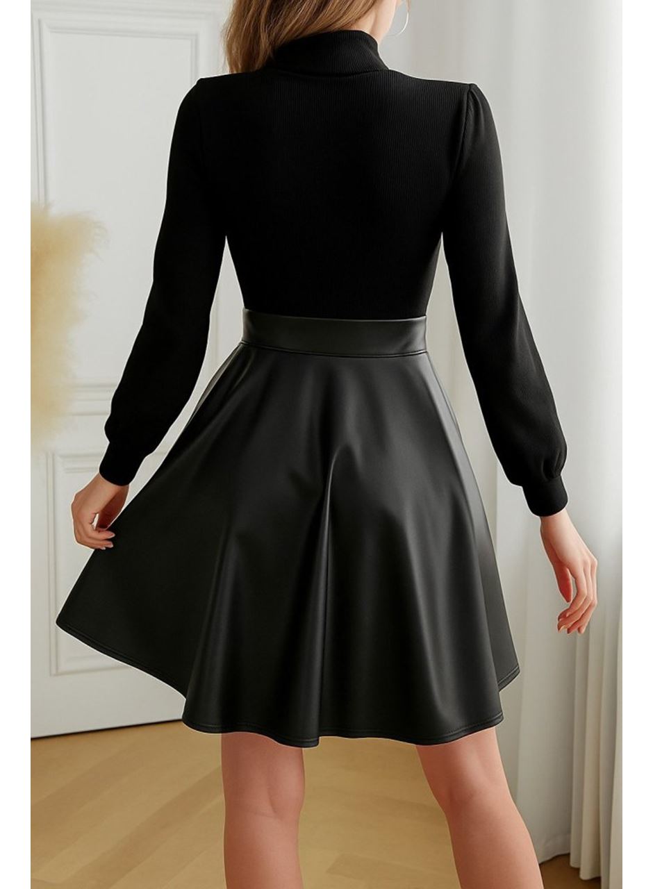 Kadın Uzun Kollu Balıkçı Yaka üst Kaşkorse Alt Deri Detaylı Mini Elbise