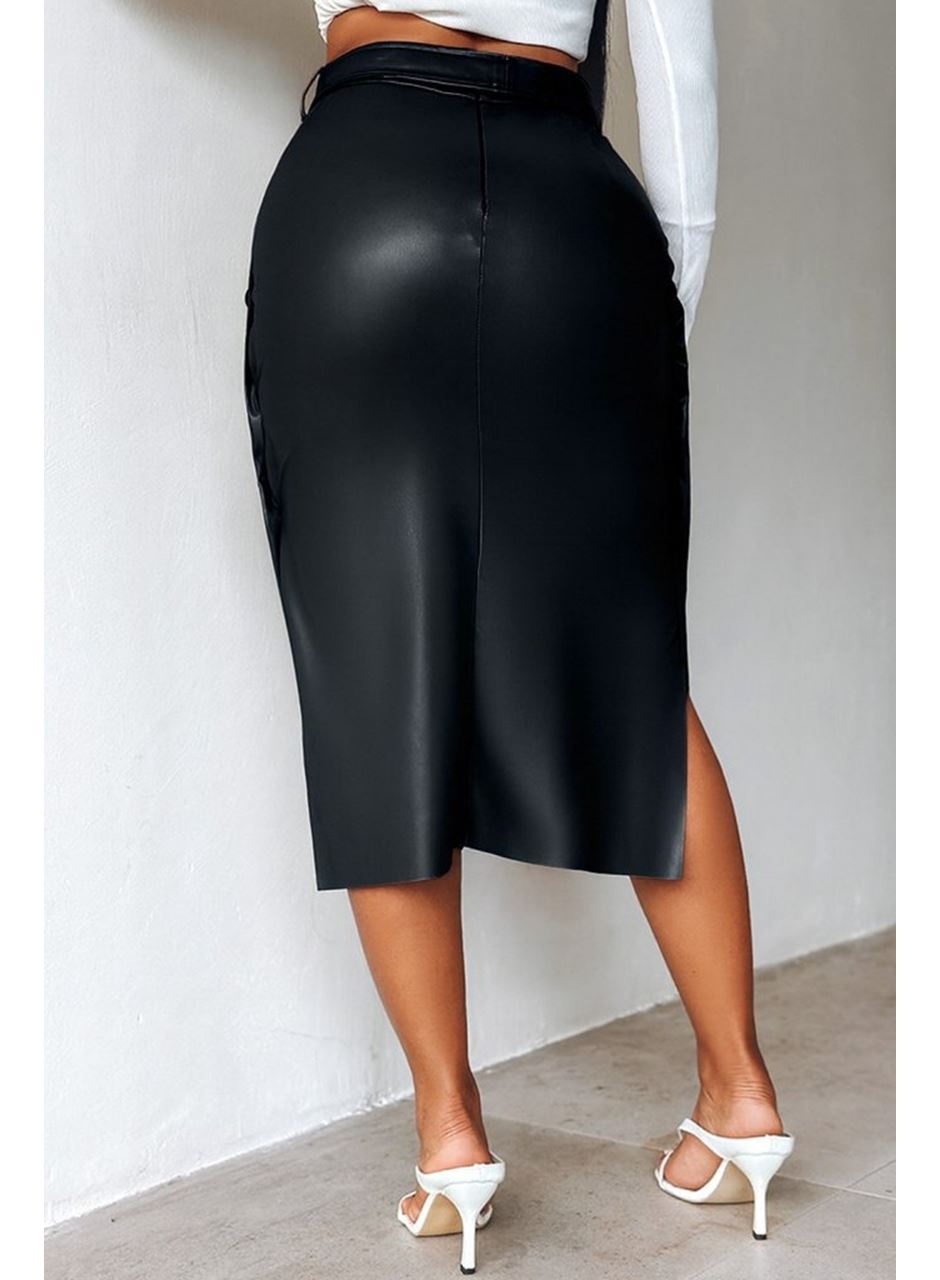 Kadın Yüksek Bel Kuşaklı Yanlardan Düğmeli Mini Deri Etek