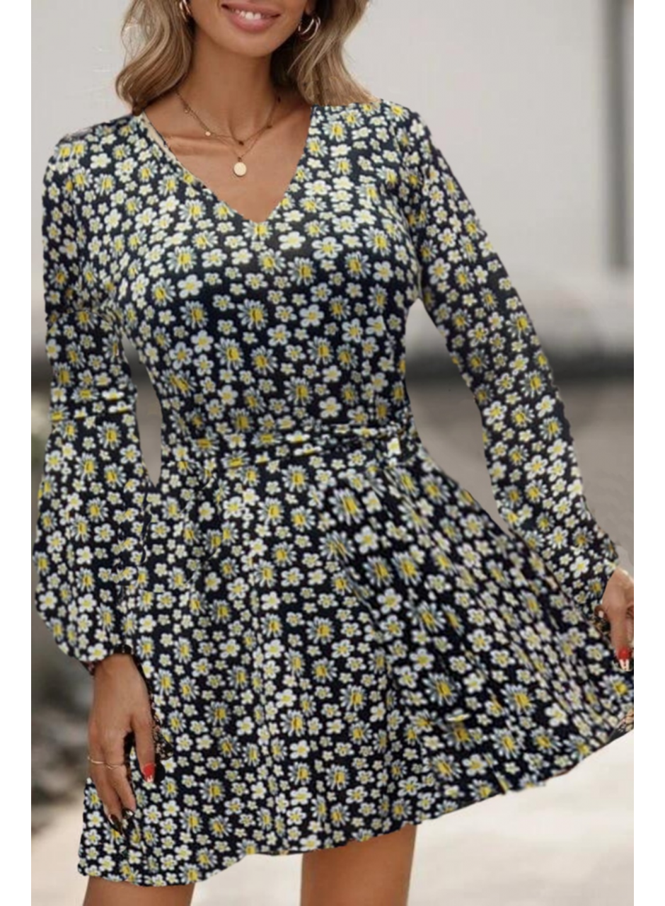 Kadın Uzun Kollu V Yaka çiçek Desenli Helen Kumaş Elbise