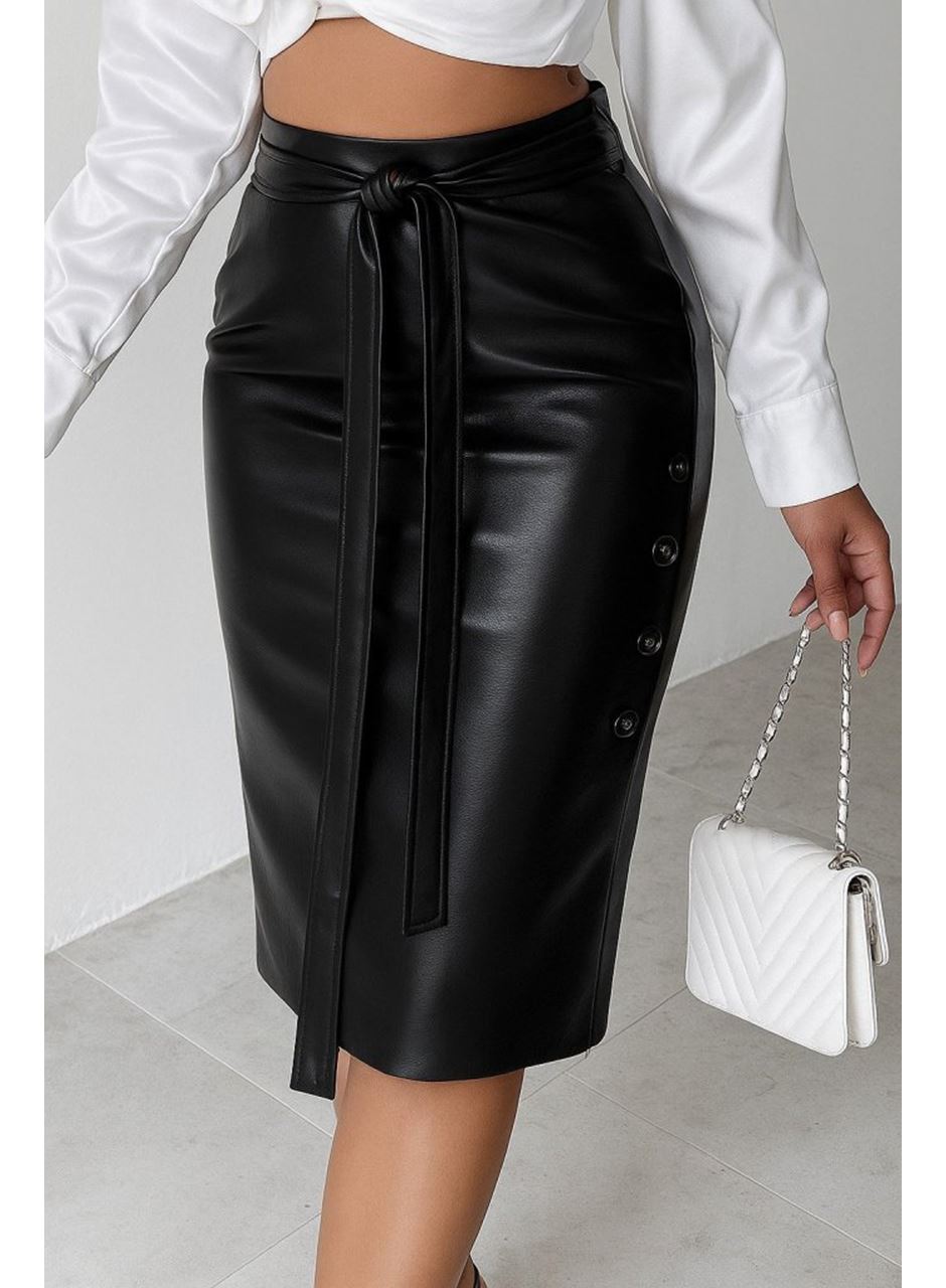 Kadın Yüksek Bel Kuşaklı Yanlardan Düğmeli Mini Deri Etek