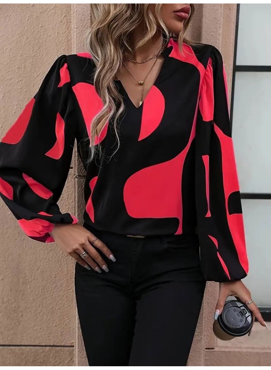 Kadın Uzun Kollu V Yakalı Desenli Modal Bluz