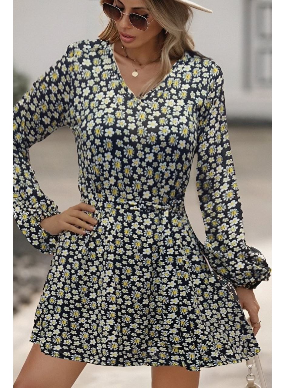 Kadın Uzun Kollu V Yaka çiçek Desenli Helen Kumaş Elbise