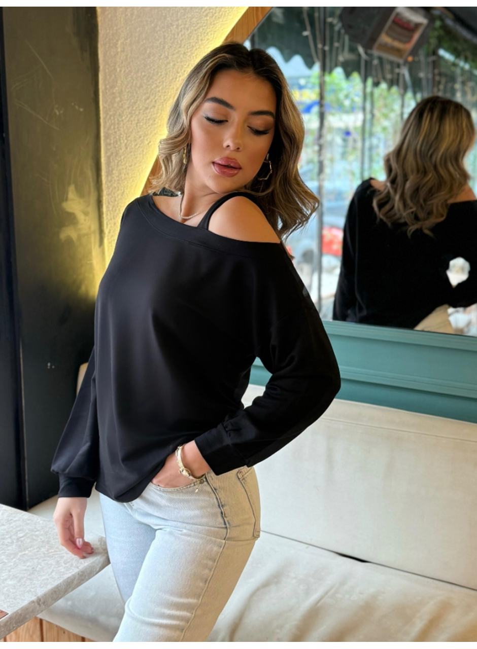 Kadın Uzun Kollu Tek Omuz Askı Detay Salaş Viskon Iki Iplik Bluz