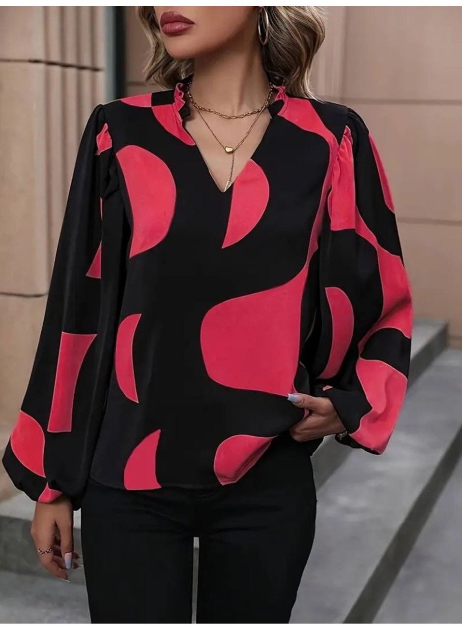 Kadın Uzun Kollu V Yakalı Desenli Modal Bluz