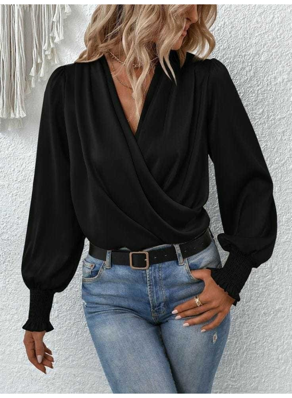 Kadın Uzun Kollu Dökümlü Kruvaze Yaka Kol Ucu Gipeli Sandy Bluz