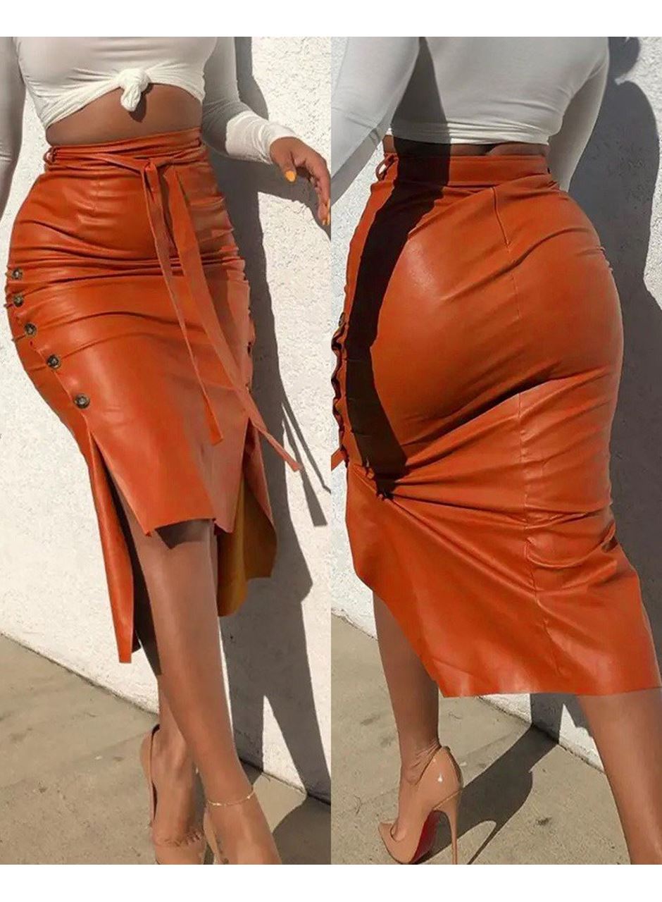 Kadın Yüksek Bel Kuşaklı Yanlardan Düğmeli Mini Deri Etek