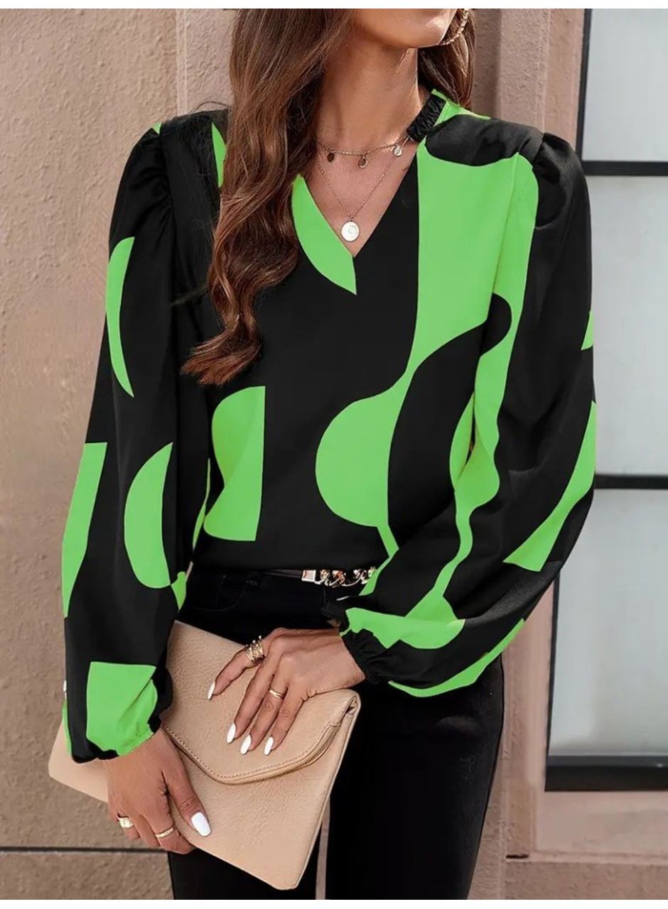 Kadın Uzun Kollu V Yakalı Desenli Modal Bluz