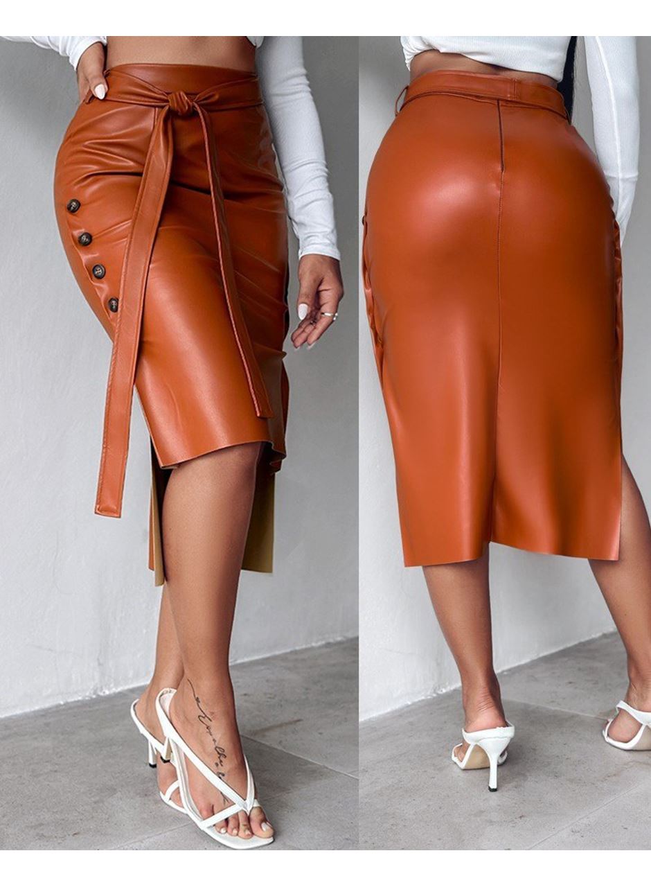 Kadın Yüksek Bel Kuşaklı Yanlardan Düğmeli Mini Deri Etek