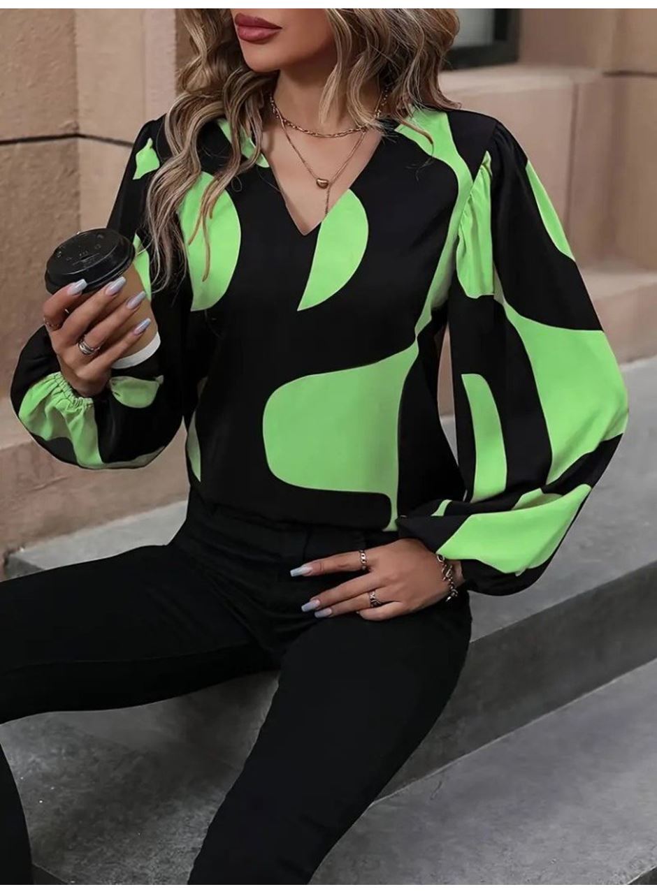 Kadın Uzun Kollu V Yakalı Desenli Modal Bluz