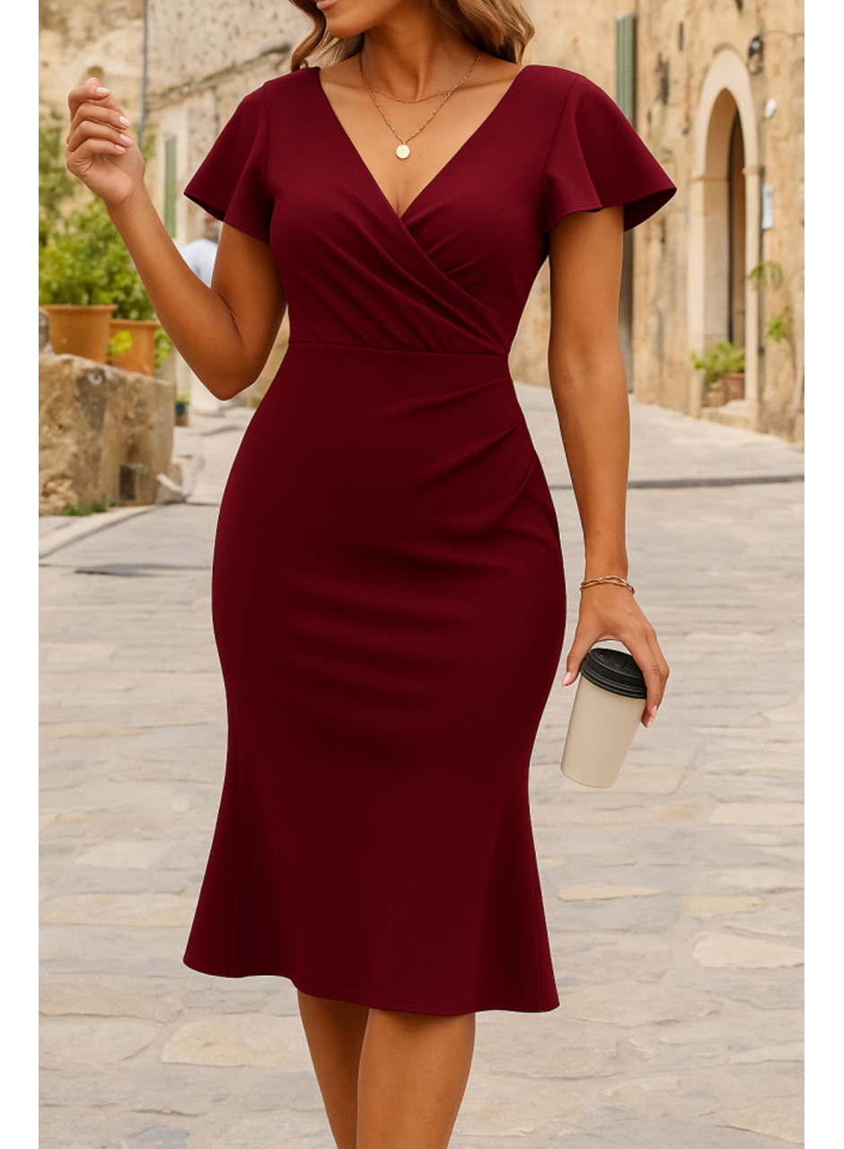 Kadın Kısa Kelebek Kollu Kruvaze Yaka Ithal Krep Midi Elbise
