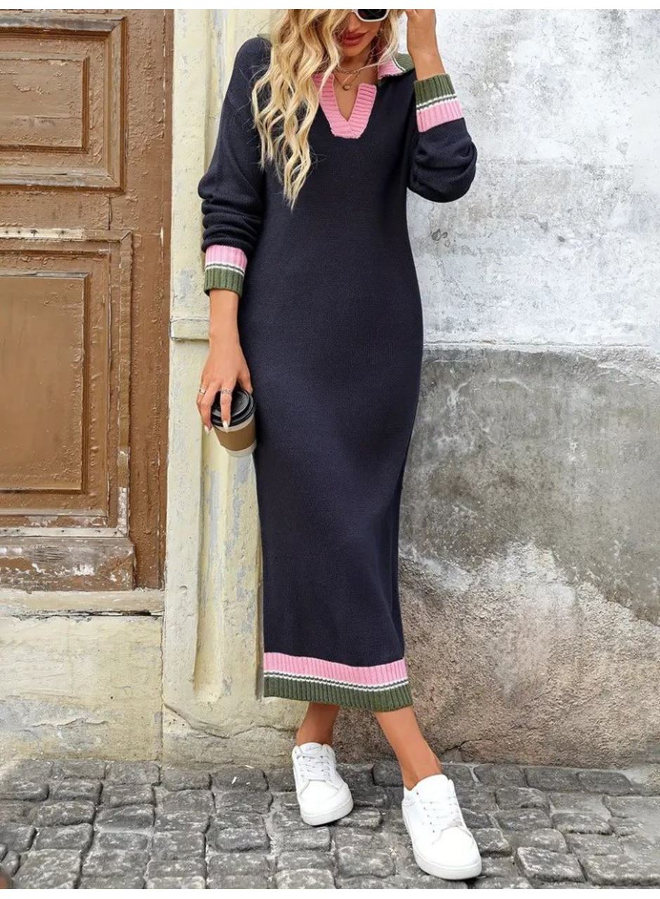 Kadın Uzun Kollu Yakalı çok Renkli Triko Uzun Elbise