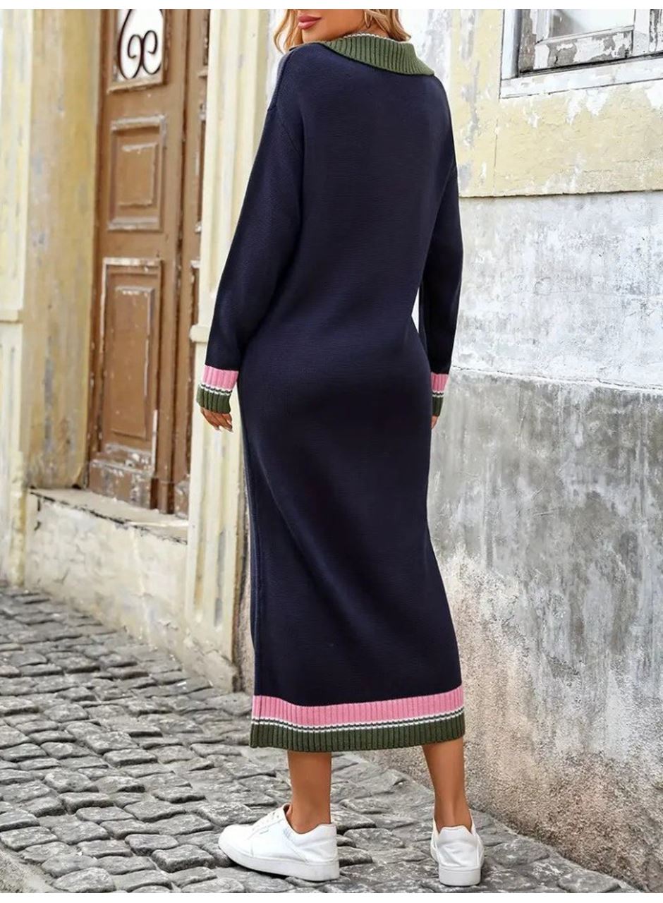 Kadın Uzun Kollu Yakalı çok Renkli Triko Uzun Elbise