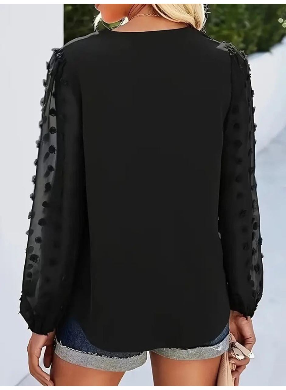 Kadın Uzun Kollu V Yakalı Kolları Popon Detaylı Sandy Bluz