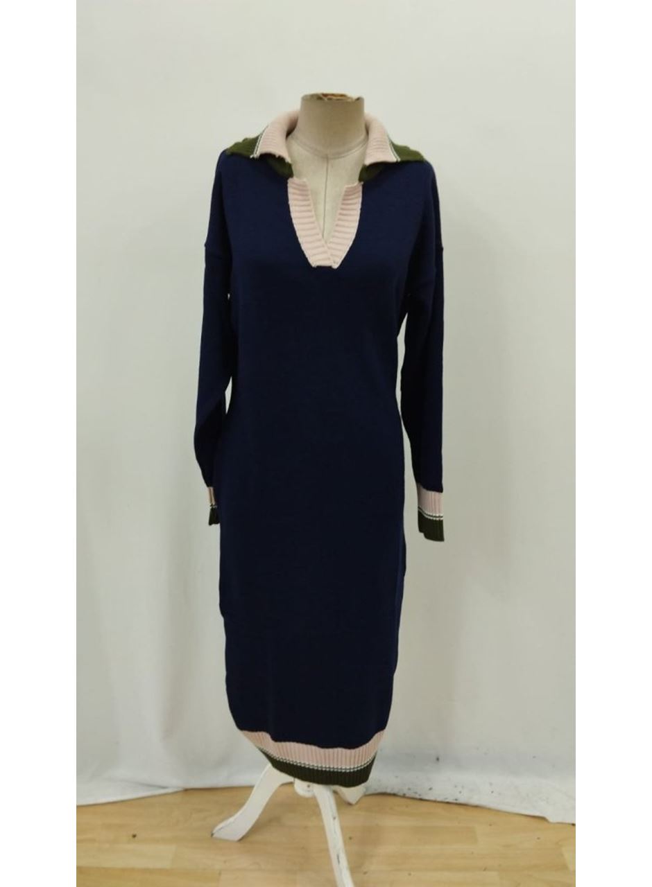 Kadın Uzun Kollu Yakalı çok Renkli Triko Uzun Elbise