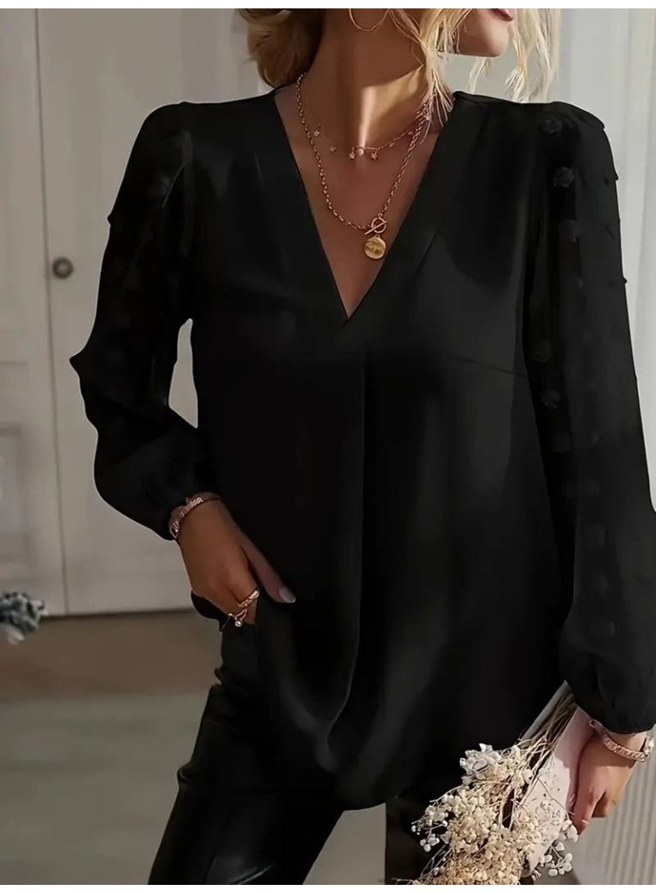 Kadın Uzun Kollu V Yakalı Kolları Popon Detaylı Sandy Bluz